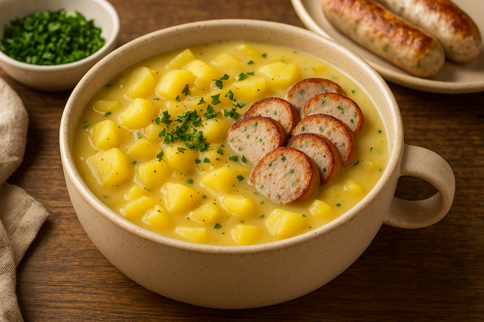 Sopa cremosa de papa con queso y salchicha alemana Bauernbratwurst