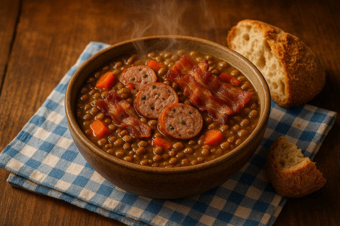 Sopa de lentejas con salchicha alemana